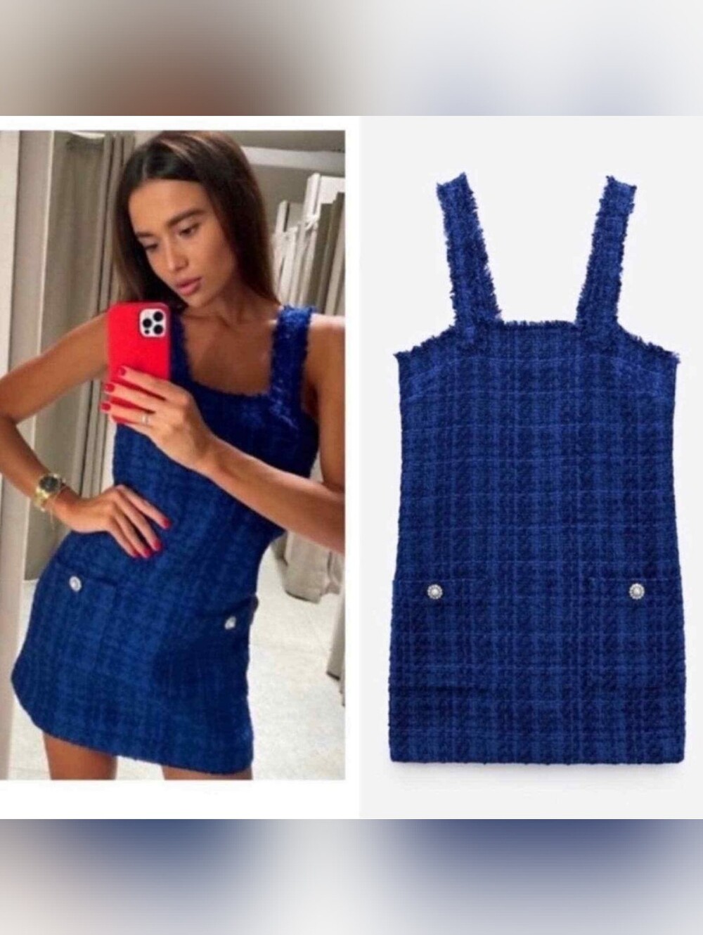 ZARA Fall  Tweed Square-Neck Mini Dress in Navy Pinafore S